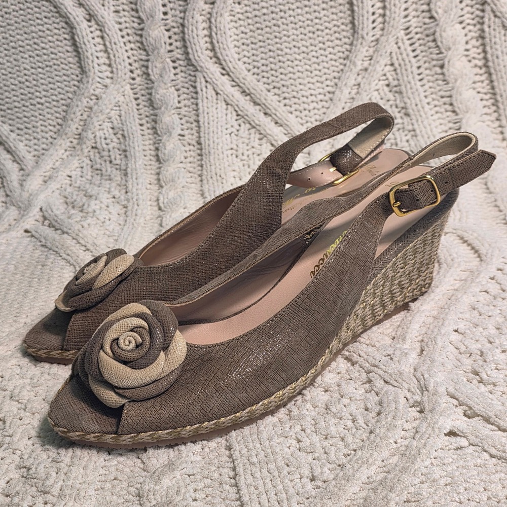 Sesto Meucci Italian Wedge Sandals Brown Rose Espadrille Women 10 11 Exquisite